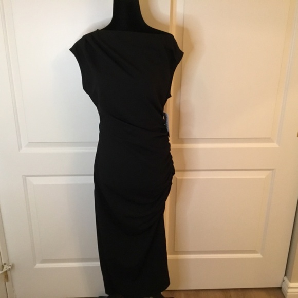NWT OWIN Black Off Shoulder Ruched Bodycon Cocktail Midi Dress Size Medium - Picture 3 of 7